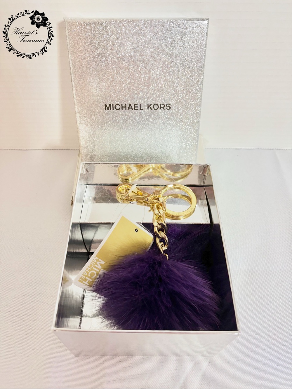Michael Kors Purple Fur Pom Pom Keychain with Gold Hardware